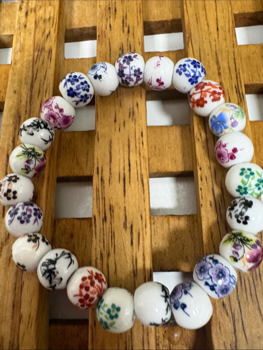 Handpainted Floral Ceramic Bead Stretch Bracelet - Multicolor